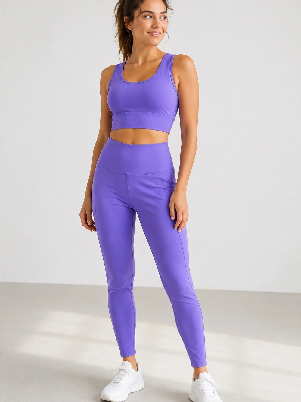 💜Fabletics Vibrant Purple High-Waist Leggings and Sports Bra Athletic Set ,Sport